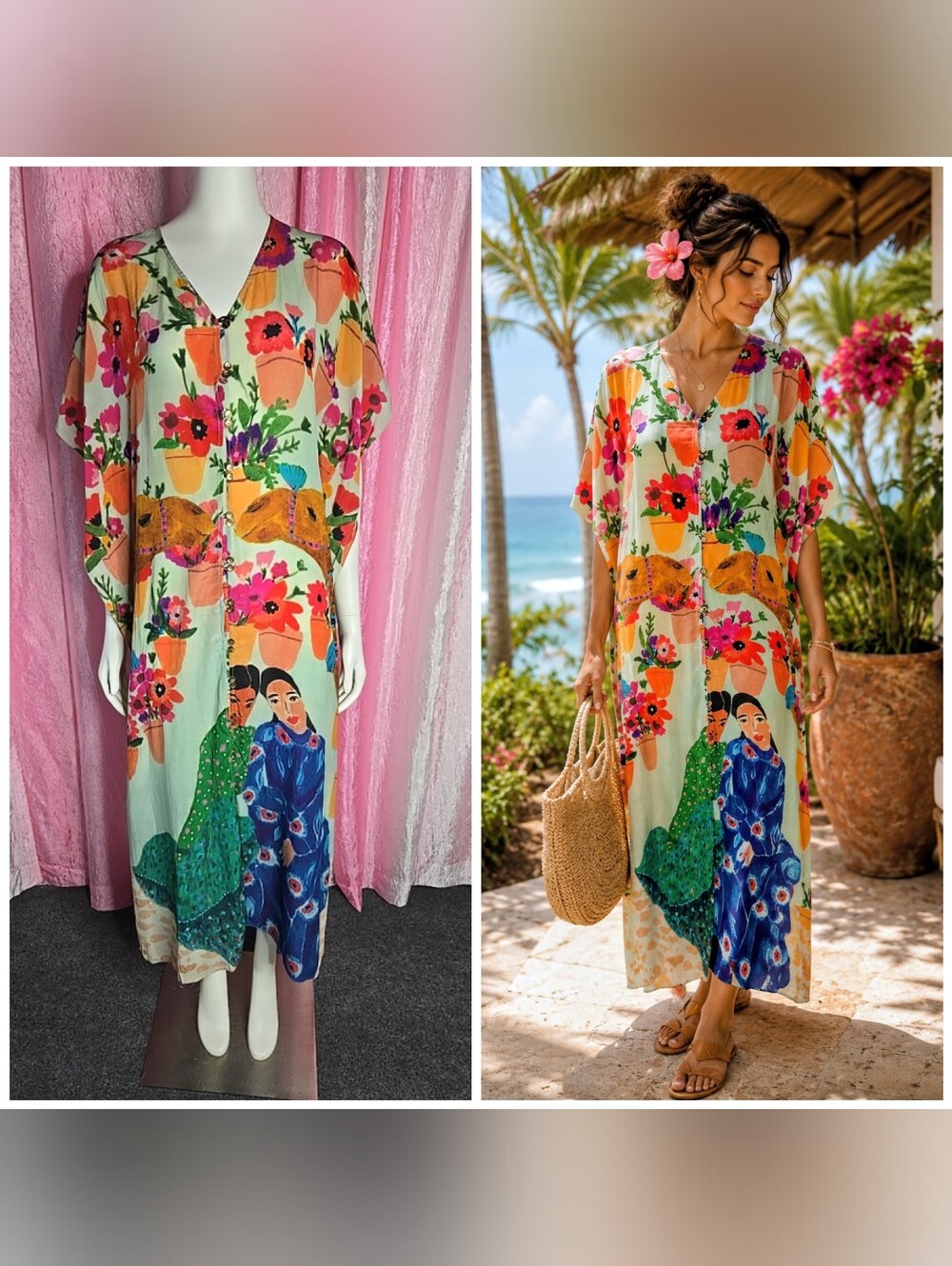 Carolina K Riley Kaftan Camels Silk Floral Resort Dress Size Small RARE